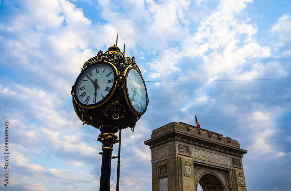 Public clock in King Mihai I park (Herastrau park) in Bucharest, Romania,  2019. Stock Photo | Adobe Stock