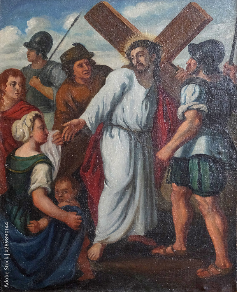8th Stations of the Cross, Jesus meets the daughters of Jerusalem, church of St. Agatha in Schmerlenbach, Germany 8th Stations of the Cross, Jesus meets the daughters of Jerusalem, church of St. Agatha in Schmerlenbach, Germany