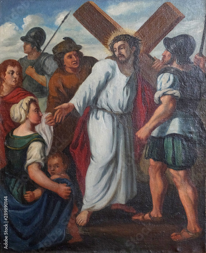 8th Stations of the Cross, Jesus meets the daughters of Jerusalem, church of St. Agatha in Schmerlenbach, Germany