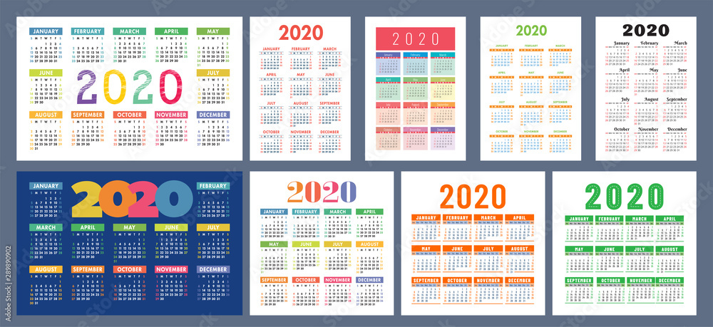 Calendar 2020 template. Calender design set. Vector square, horizontal and vertical layout. Colorful English collection. Week starts on Sunday