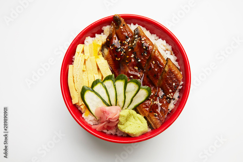 Bowl of rice topped with broiled eel in unagi sauce