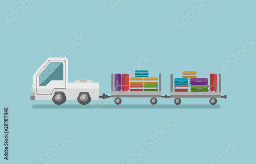 Airport tow truck vector illustration. Ground service wehicle picture. Baggage towing car