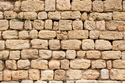 Obraz na plátně Tufa wall texture, highly porous, water eroded, hand cut stone blocks forming ol