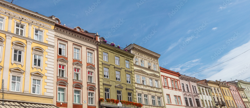 Closeup of buildings on Market square in Lviv, Ukraine