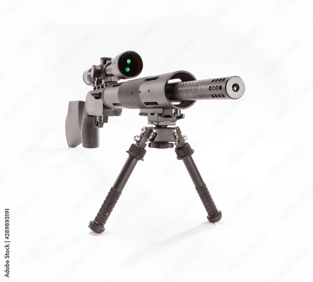 Front view in studio of a 22 caliber rifle with bipod and optic. Front view in studio of a 22 caliber rifle with bipod and optic.