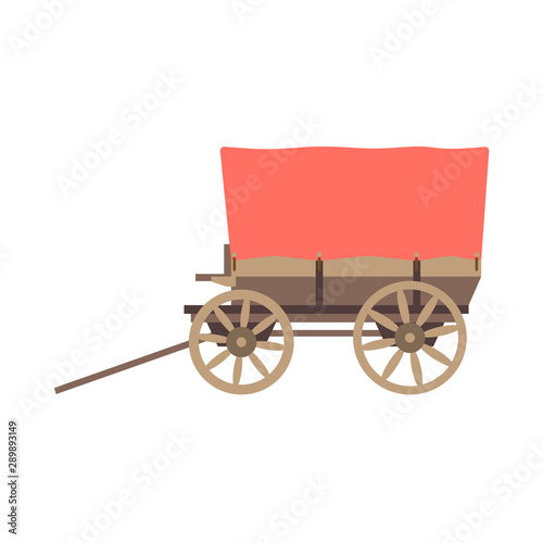 Vector illustration color icon with simplified prairie schooner waggon. Wild west cowboy authentic symbol. Background american folkloric decoration ethnic vintage object. Wooden farmers cart, caravan.