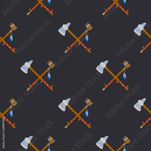 Vector seamless color pattern with simplified ceremonial indian chief tomahawk, smoking pipe. Wild west symbolic textile ornament. Background indian folkloric decoration ethnic wrapping gift paper.