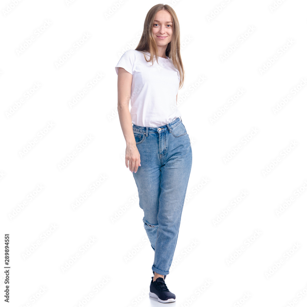 Woman in jeans casual clothing walking goes smiling on white background isolation Woman in jeans casual clothing walking goes smiling on white background isolation