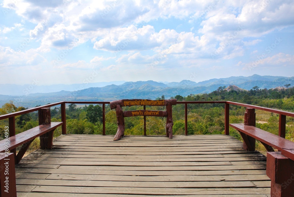 Noen Sawan Viewpoint, Srinakarin National Park, Kanchanaburi Province, Thailand.(Thai signboard says Noen Sawan viewpoint, Srinakarin National Park)​