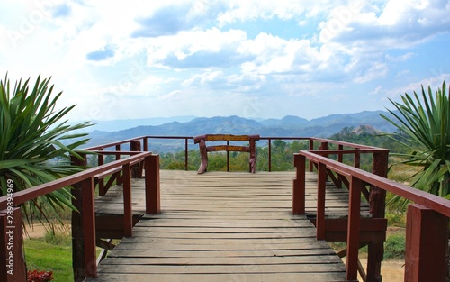 Noen Sawan Viewpoint  Srinakarin National Park  Kanchanaburi Province  Thailand. Thai signboard says Noen Sawan viewpoint  Srinakarin National Park    