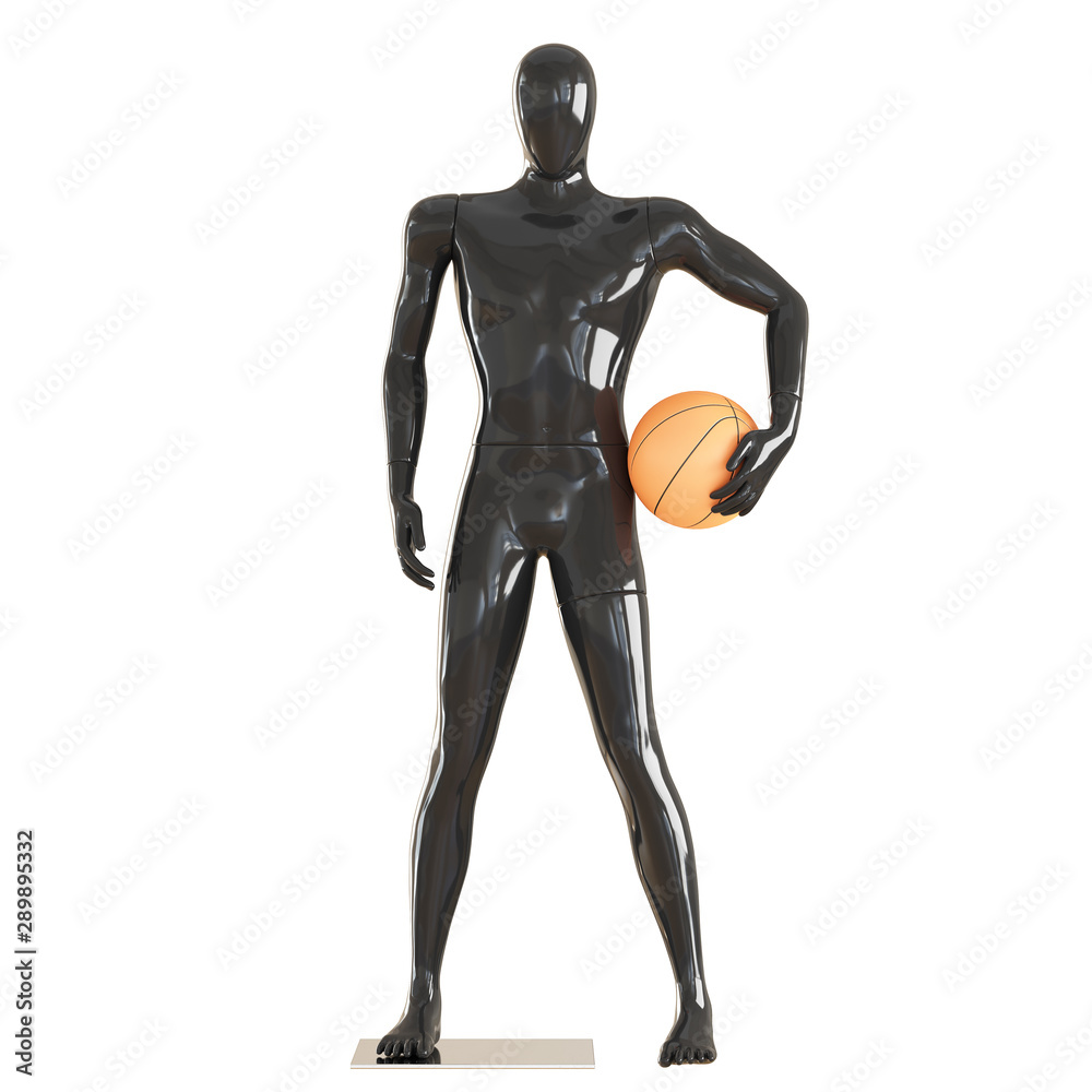 A black faceless guy a mannequin stands with a basketball. 3d rendering