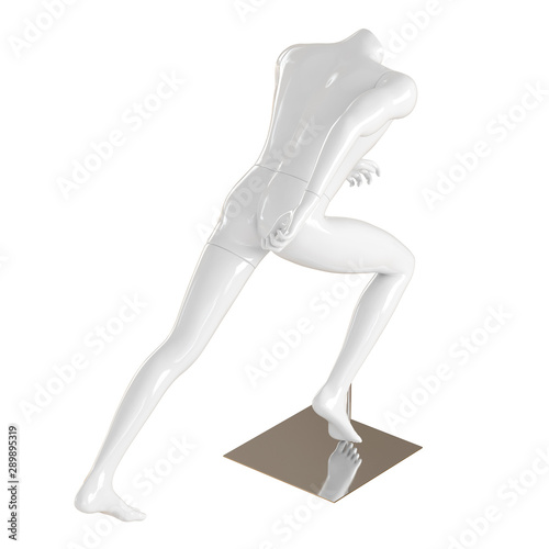 White running headless mannequin on an iron stand. 3d rendering