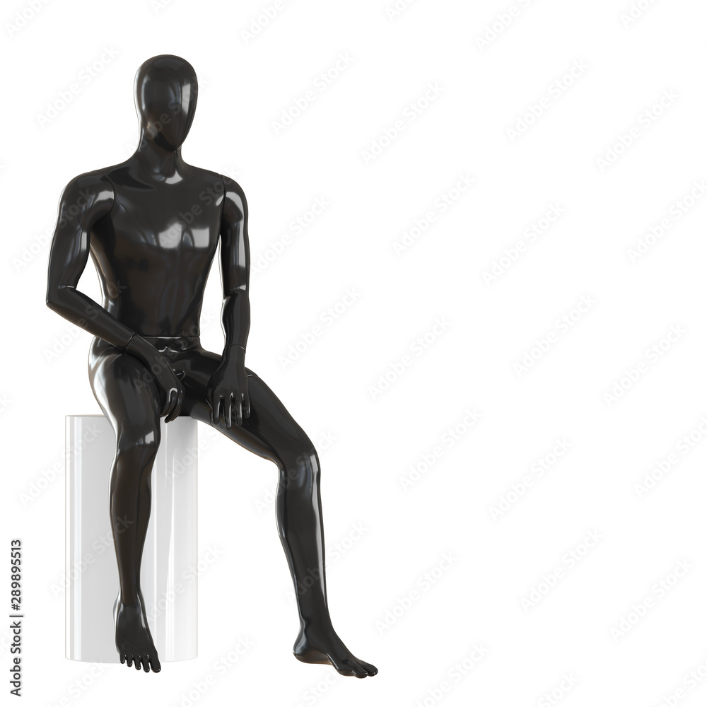 A black faceless mannequin guy sits on a white round stool. 3d rendering A black faceless mannequin guy sits on a white round stool. 3d rendering