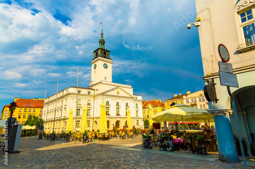 Old town square an town hall building in city of Kalisz, Poland photo