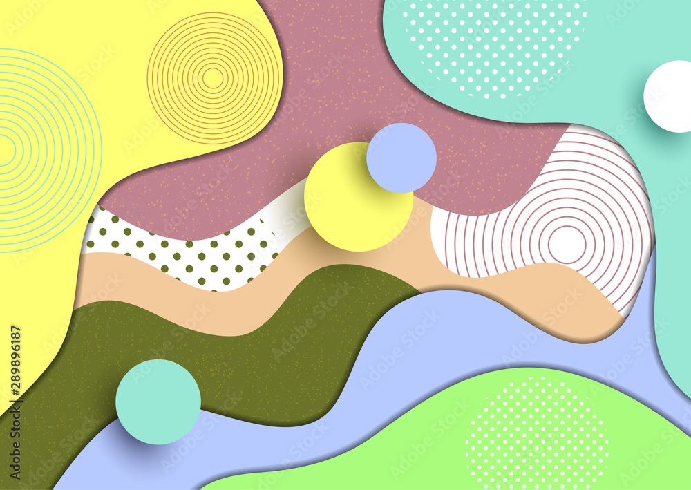 Abstract colorful background with bright colored wave paper cut shapes concept, circles, lines and dots. Template for design layout for presentation, flyer, poster, banner.
