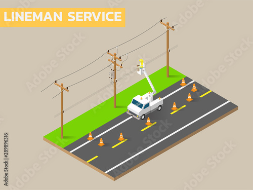 Linemen repairing electricity distribution lines that supply power to homes. Use aerial device and rubber gloves when working.