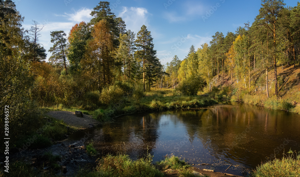 panorama of autumn landscape with forest lake, Russia, Ural panorama of autumn landscape with forest lake, Russia, Ural