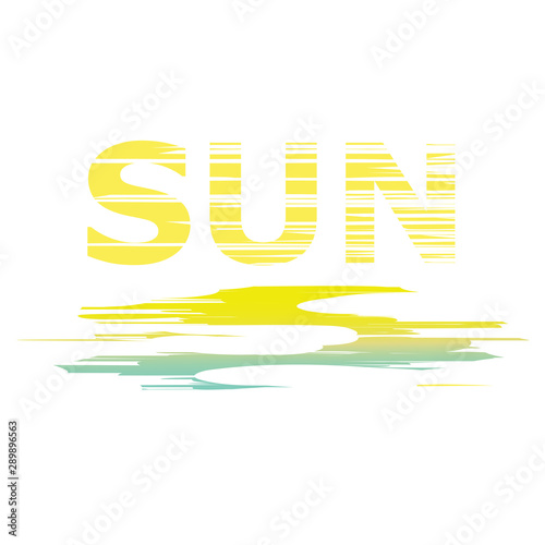 Vector abstract yellow inscription from the word sun with reflection in water on a white background