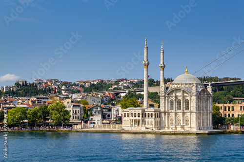 Istanbul landscape. Istanbul's populer touristic destination Ortakoy Mosque view from bosphorus sea. Turkey