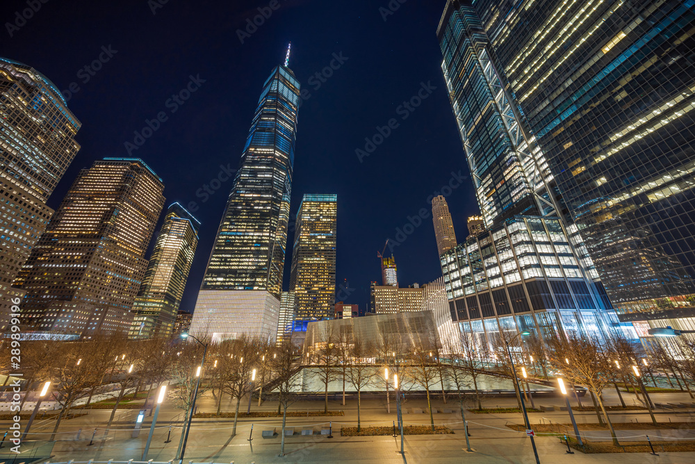New York Cityscape with 911 memorial at twilight time, United States of America, USA, Architecture and building with history tourist concept,