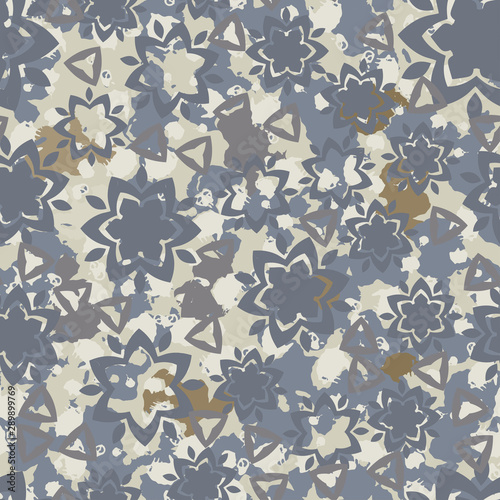 Seamless pattern with flowers and spots. Grunge