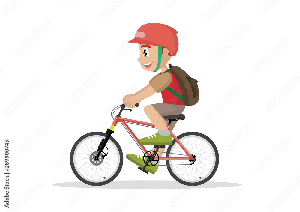 Teen kid school boy cycling on bicycle.