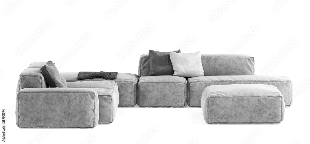 Modern gray modular sofa with pillows and plaid isolated on white  background. Furniture, interior object, stylish sofa. High tech style,  subject for minimalistic interior design foto de Stock | Adobe Stock