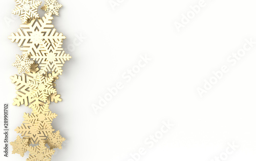 Christmas background with golden snowflakes. Winter decoration. Xmas and new year paper art style greeting card, 3d render illustration on white background.