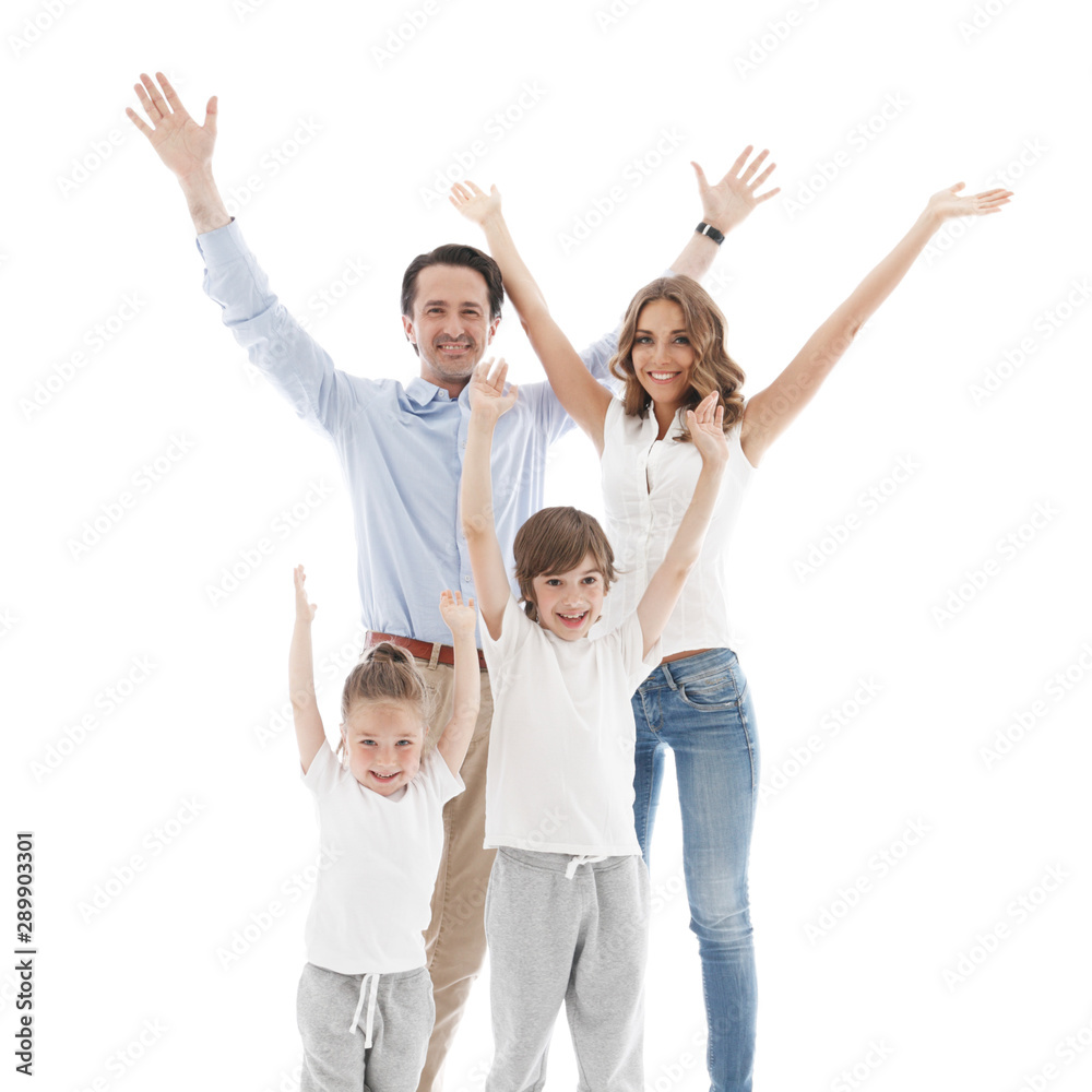 Happy family with raised hands