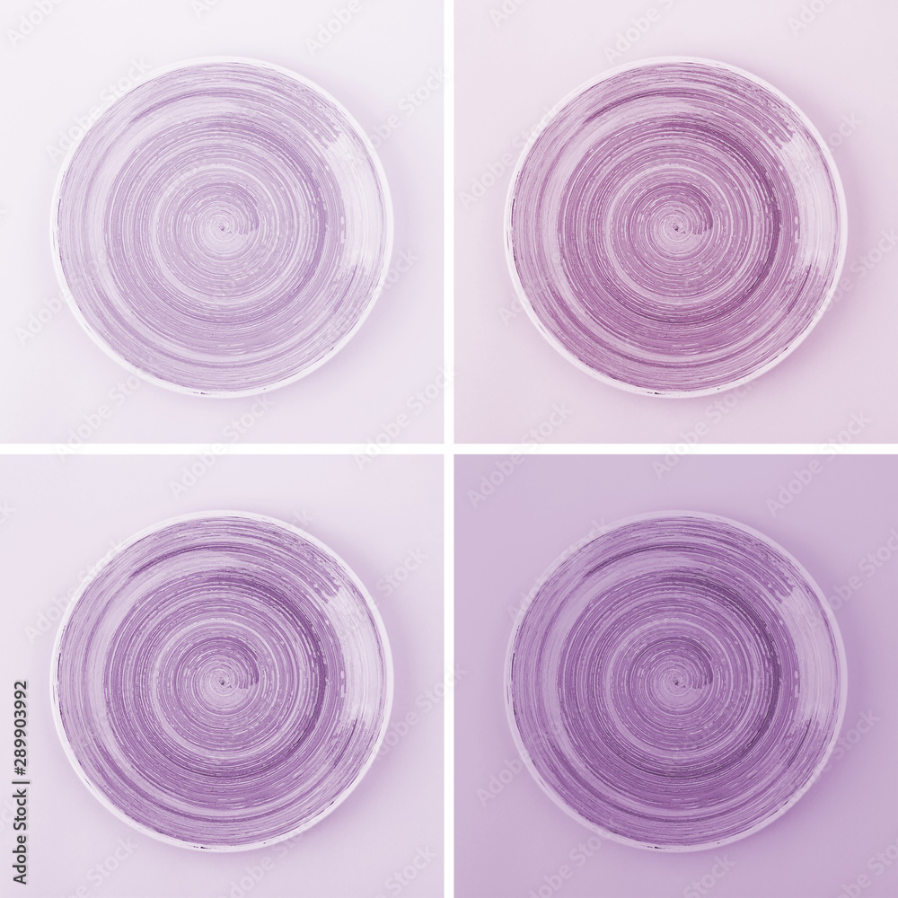 Collage from different colored round ceramic plates with spiral pattern Collage from different colored round ceramic plates with spiral pattern