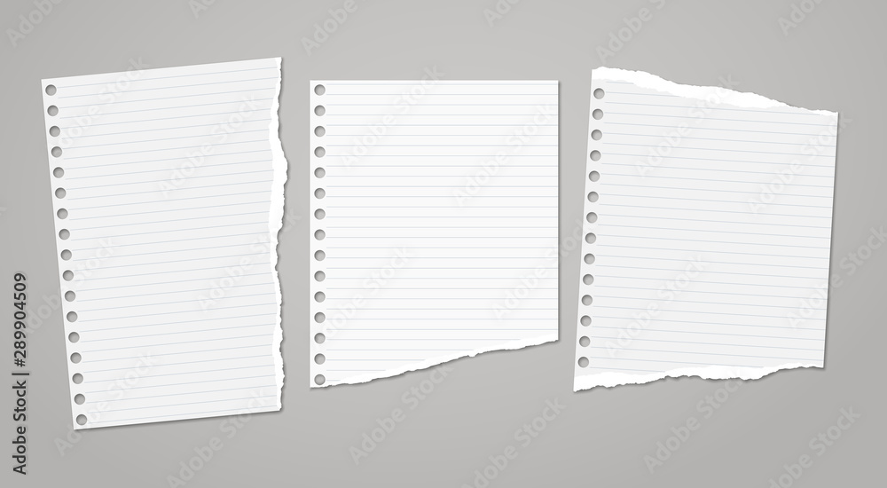 Set of torn white note, notebook paper pieces stuck on dark grey background. Vector illustration - obrazy, fototapety, plakaty 