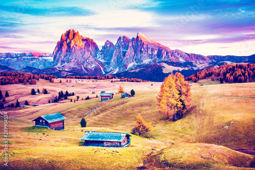 Mystic magical fantastic autumn landscape with wooden houses in the backgroundin Alpe di Siusi in the Dolomites Alps at sunset. Exotic amazing places. (Meditation, calm, anti-stress - concept)