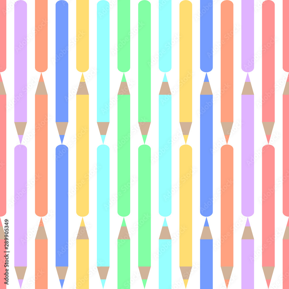 Vector seamless pattern of colour pencils in pastel colours on white background
