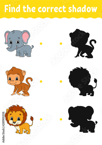 Fototapeta Naklejka Na Ścianę i Meble -  Find the correct shadow. Education developing worksheet. Matching game for kids. Activity page. Puzzle for children. Riddle for preschool. Cute character. Isolated vector illustration. Cartoon style.