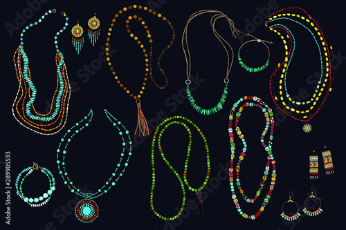 Collection of jewelry on a black background: necklace, beads, earrings, bracelet. Hand-drawn. Vector