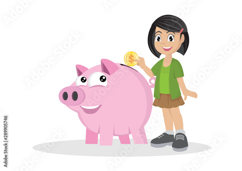 Girl with a Golden Coin Standing Near the Piggy Bank.