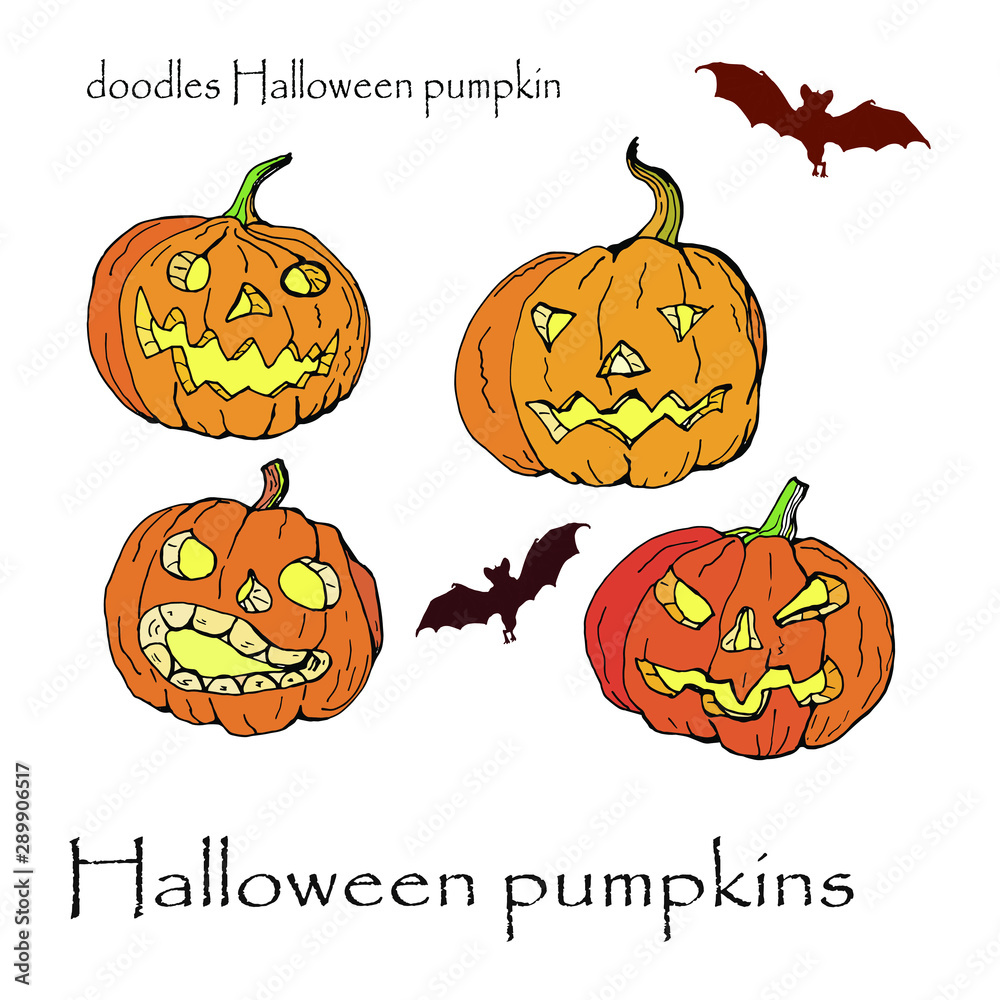 set of Halloween pumpkins and bats, vector-isolated contour images on white and color background, doodles set of Halloween pumpkins and bats, vector-isolated contour images on white and color background, doodles