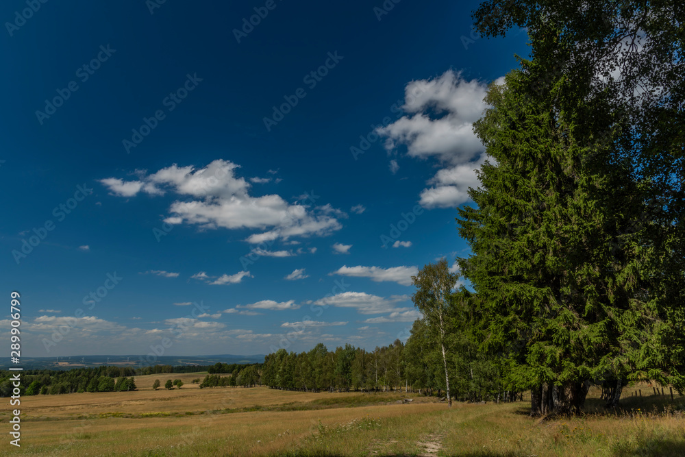 Meadows and pasture land near vanished village Smrkovec in summer hot day Meadows and pasture land near vanished village Smrkovec in summer hot day