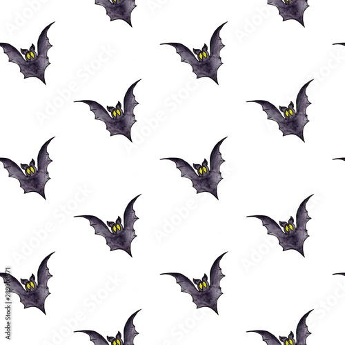 Seamless Halloween pattern with black  bats silhouettes for greeting card  gift box  wallpaper  fabric  web design. Isolated on white. Festive watercolor illustration