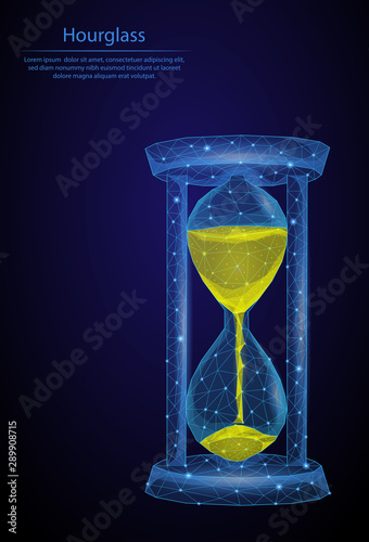 Abstract image hourglass in the form of a starry sky or space, consisting of points, lines, and shapes in the form of planets, stars and the universe. 3D Low poly vector background. Business concept.