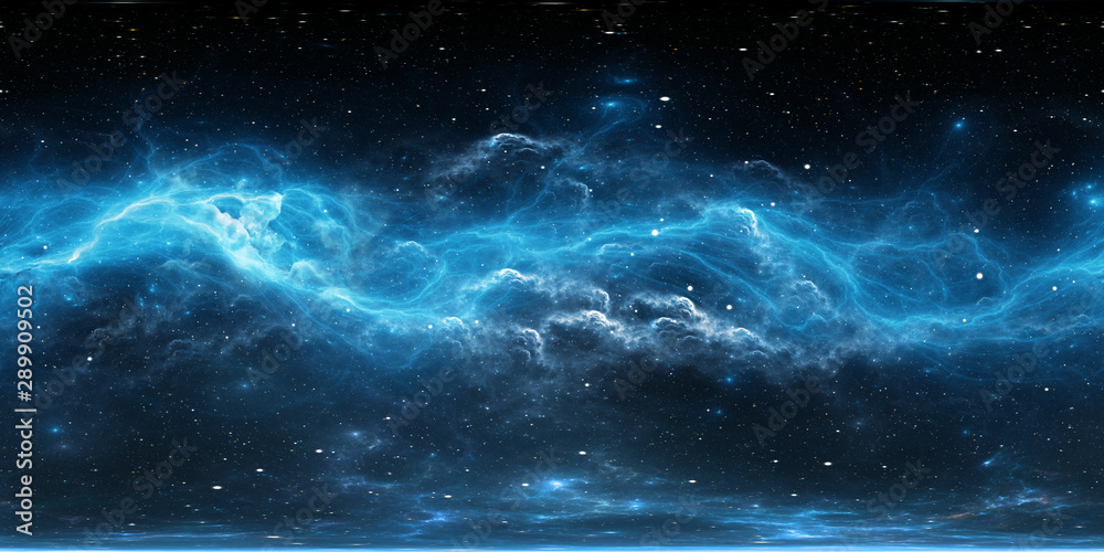 Obraz premium Tło kosmiczne 360 stopni z mgławicą i gwiazdami, projekcja równokątna, mapa środowiska. Panorama sferyczna HDRI.