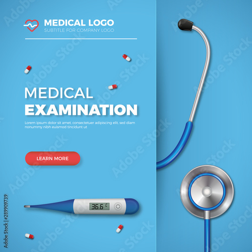 Medical Examination card. Healthcare banner with medical tools and logo on blue background. Good for medicine, health, cross and decoration for poster, social media, web, cover. Vector illustration