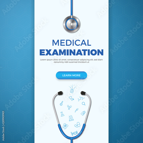 Medical background. Healthcare banner template with flat icons in medicine on blue background. Good for poster, social media post, web, cover. Vector illustration