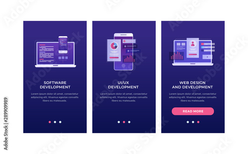 Bundle of vertical web banner templates. Smartphone and laptop with interface elements. Concept of development a mobile UI/UX interface. Mobile app. Flat Design Oneboarding Concepts.