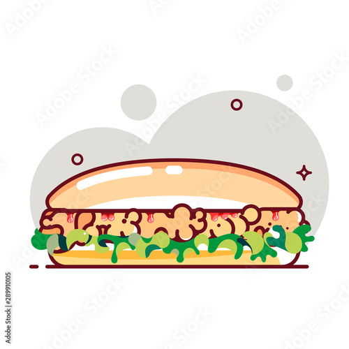 Big sandwich with tomato paste, chicken cutlet and salad. Flat cartoon style. Isolated fast food icon for poster, web design, banner, logo or badge. Colorful vector illustration.