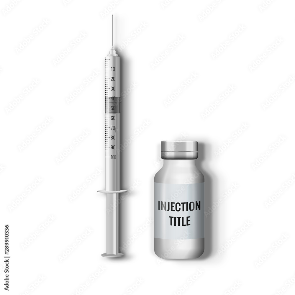 Realistic 3d medical syringe with needle and vial, concept of vaccination, injection, flu shot. Isolated vector illustration
