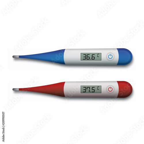 Realistic 3d electronic medical thermometer, measuring set. Design template of digital thermometer showing temperature. Isolated vector illustration