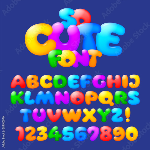 Cute plump alphabet. Vector set of multicolored and cheerful cartoon letters and numbers.