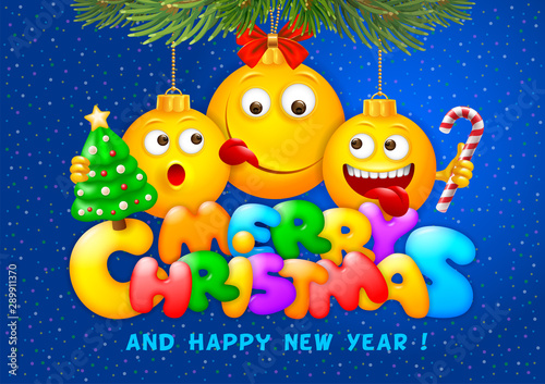 Merry Christmas greeting. Lettering with cute plump and glossy letters and cheerful smiling emoji which hanging as Christmas balls. Bright and unusual design. Vector illustration.