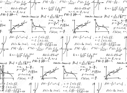 Retro education background. Trigonometry law theory, mathematical formulas and equations on white board. Vector hand-drawn seamless pattern on blackboard.